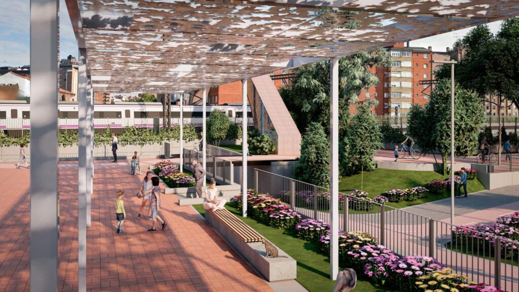 Render 3D del paso en Arco de Ladrillo de la integración ferroviaria en Valladolid (España)