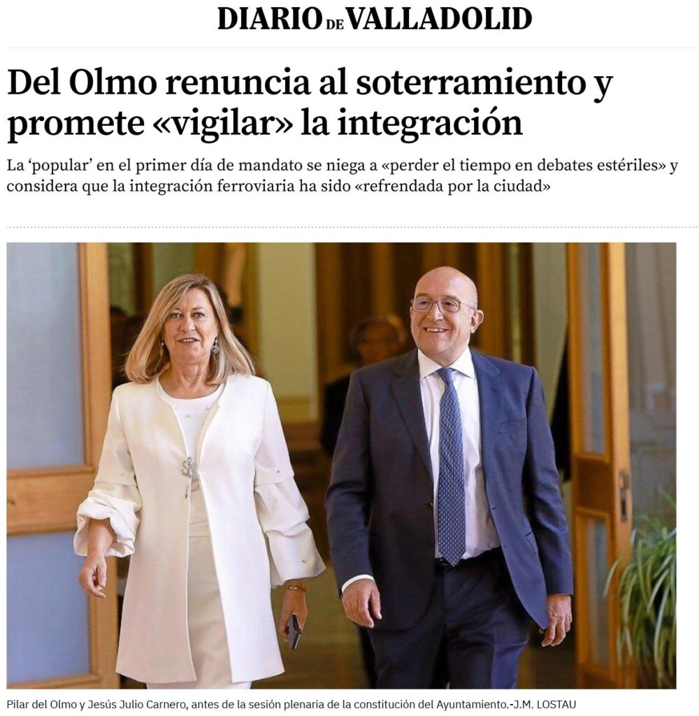Noticia sobre la renuncia de Pilar del Olmo (PP) al soterramiento en Valladolid (España) por Diario de Valladolid