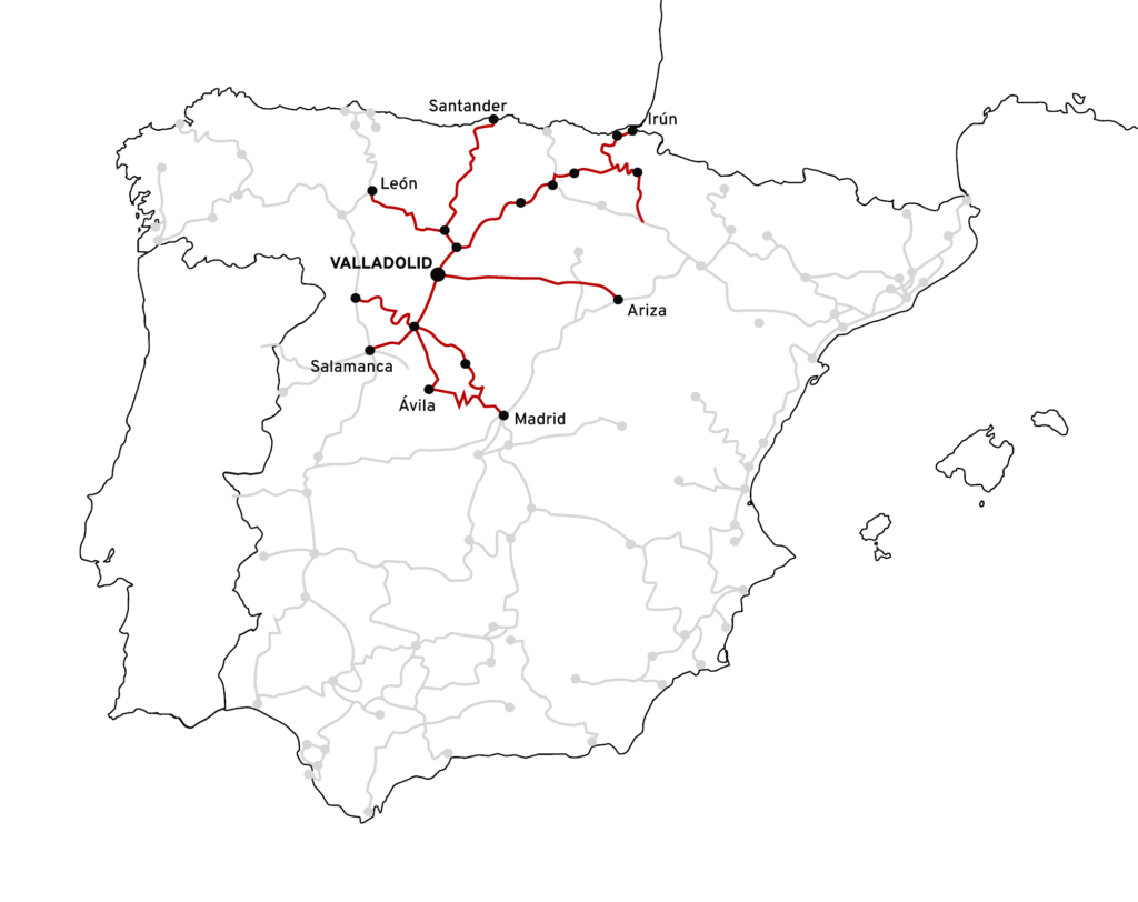 Red de ferrocarriles de España a finales del siglo XIX resaltando las rutas que atravesaban Valladolid